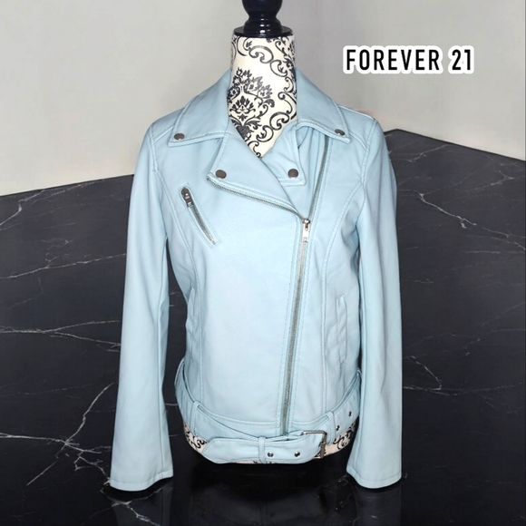 🆕️ FOREVER 21 Baby Blue Faux Leather Moto- Small - Picture 1 of 7